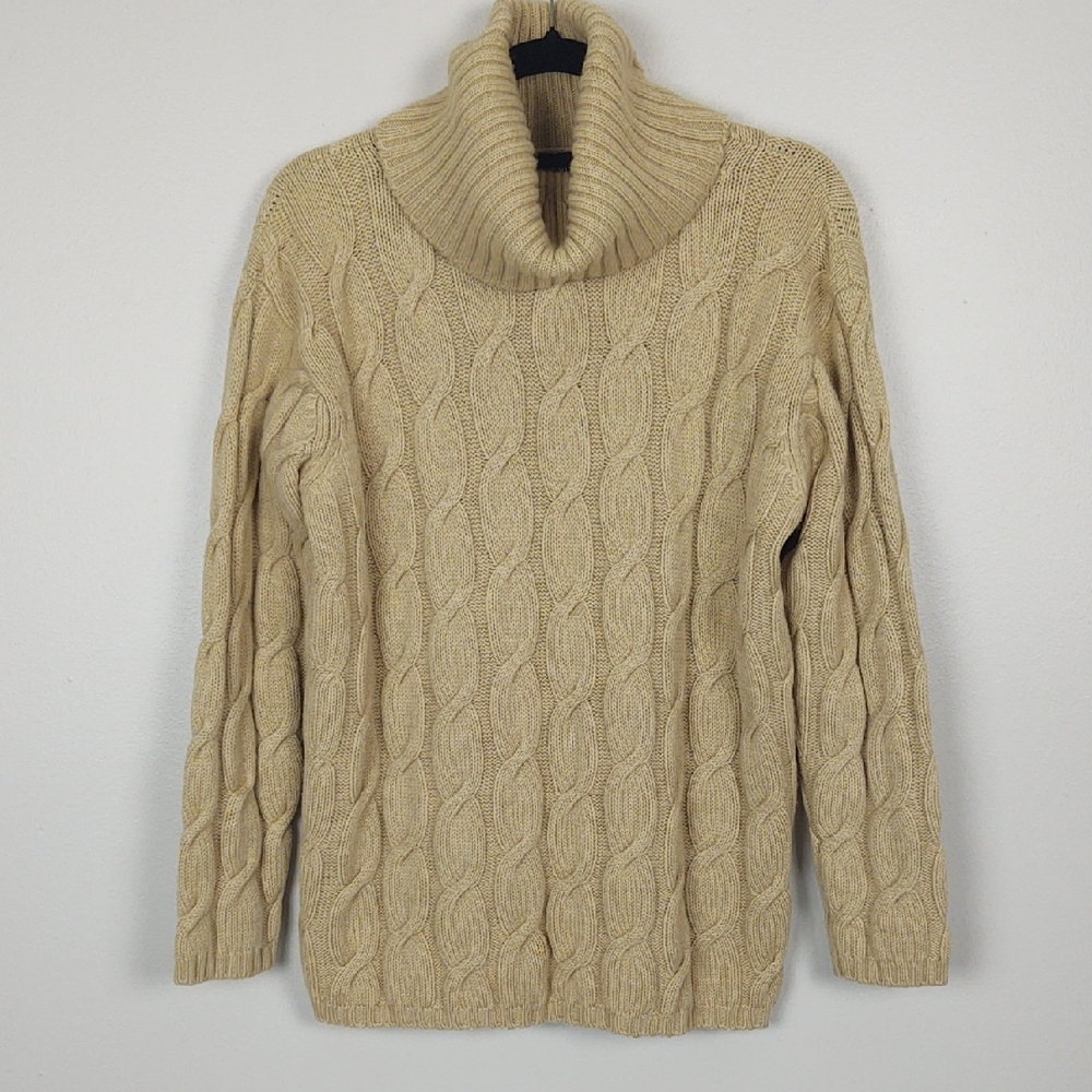 Adrienne Vittadini Womens Tan Cable Knit Fisherman Sweater Cowl Turtleneck Small